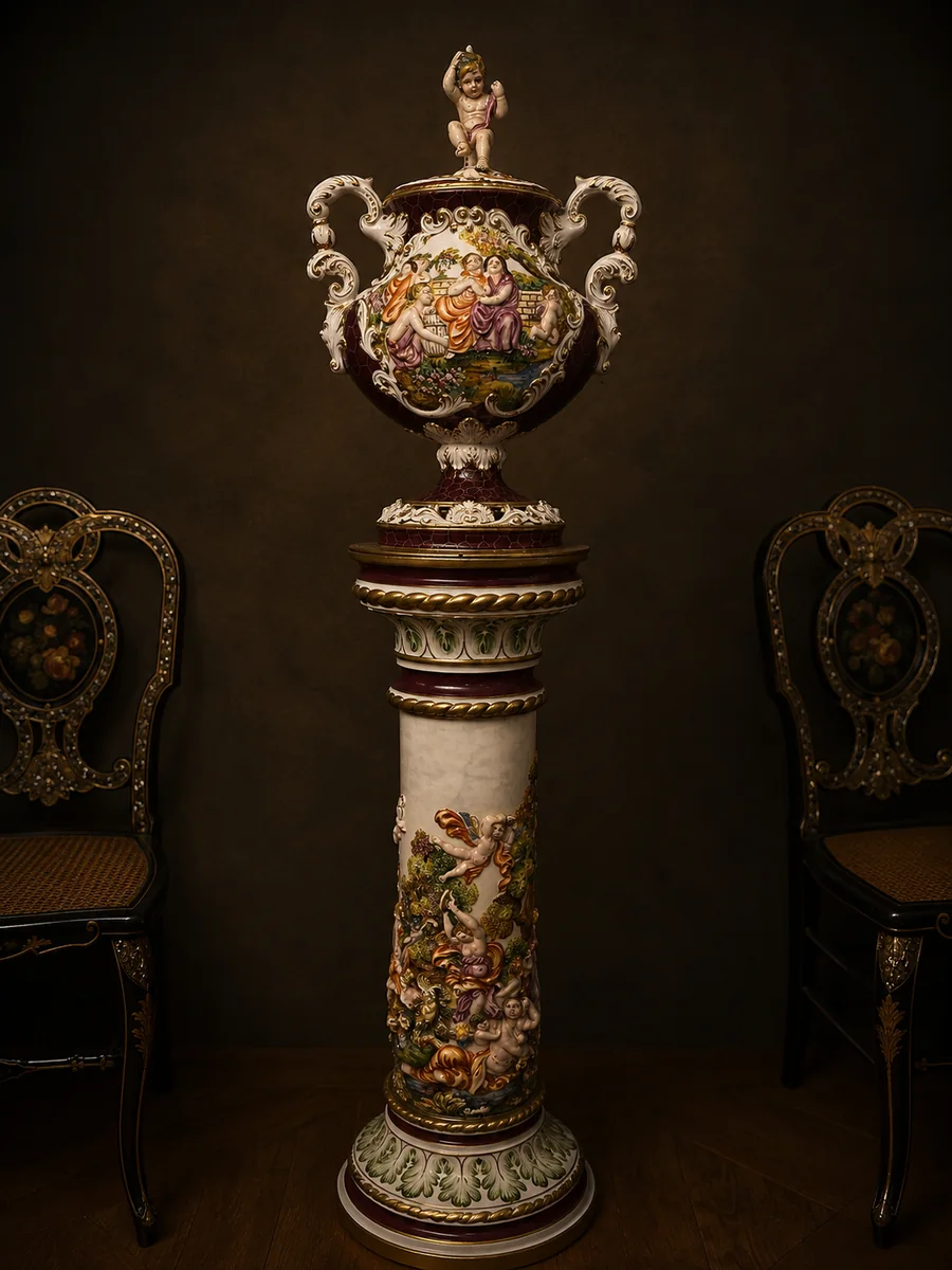 Jarrón de porcelana sobre pedestal decorado